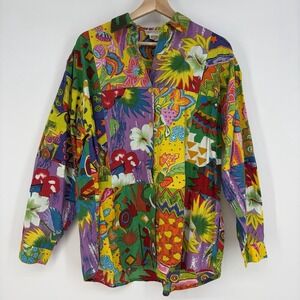 Vtg 80's Button-up Blouse M Cotton Artsy Travel Hippie Kaleidoscope Art To Wear